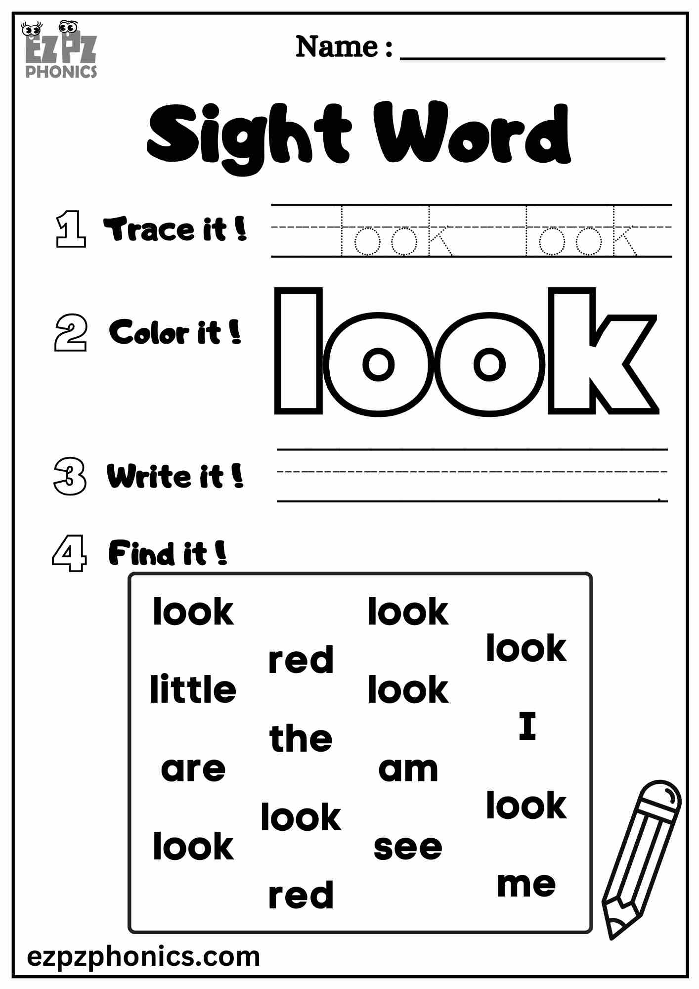 The "Look" Sight Word Worksheet for Pre-Kindergarten Students Dolch Sight Words Free PDF Download